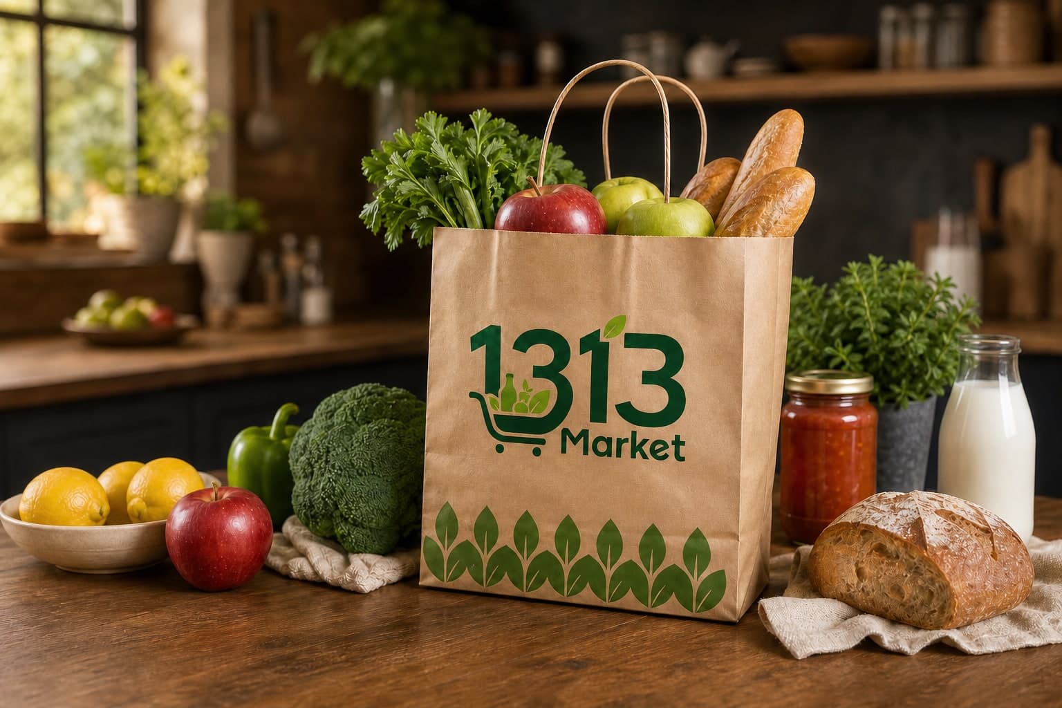 A 1313 Market grocery bag filled with fresh food